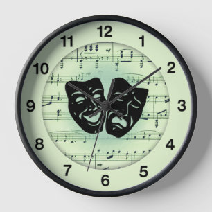 Green Music and Theater Masks Clock