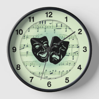 Green Music and Theater Masks Clock