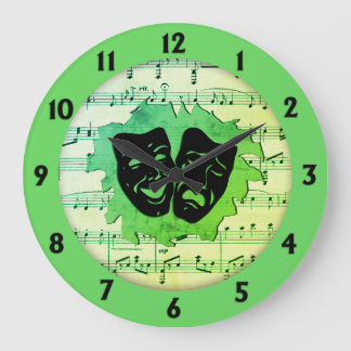 Green Music and Theater Masks Large Clock