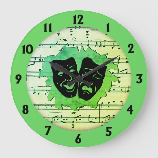 Green Music and Theater Masks Large Clock (Front)