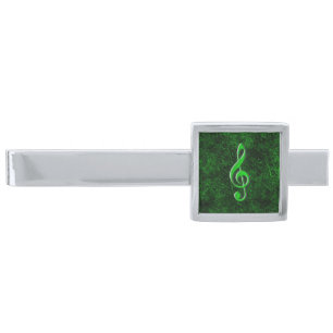 Green Music Note Symbol - Silver Finish Tie Bar
