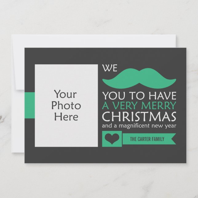 Green Mustache Christmas Photo Holiday Card (Front)