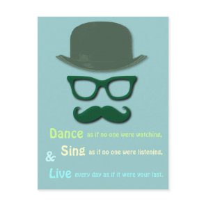 green mustache, glasses and derby hat postcard