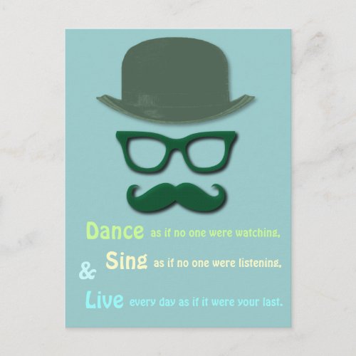 green mustache glasses and derby hat postcard