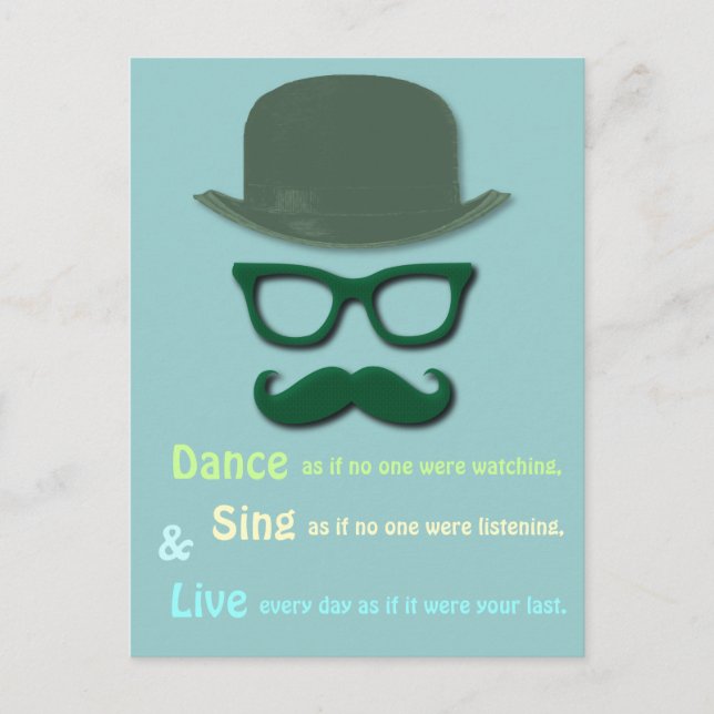 green mustache, glasses and derby hat postcard (Front)