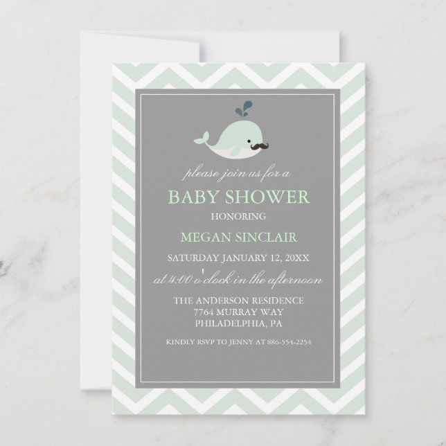 Green Mustache Whale Boy Baby Shower Invitation (Front)