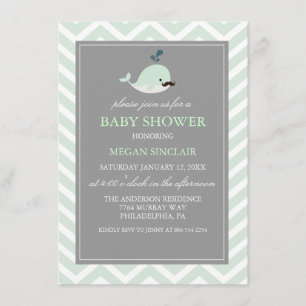 Green Mustache Whale Boy Baby Shower Invitation