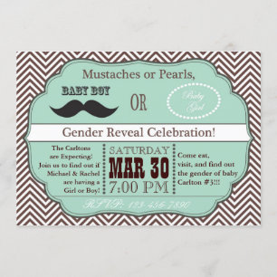 Green Mustaches or Pearls Gender Reveal Invites