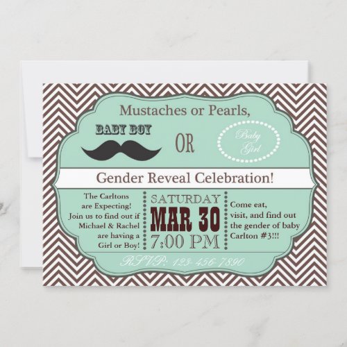 Green Mustaches or Pearls Gender Reveal Invites