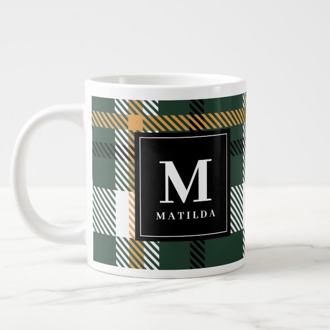 Green, mustard and black tartan check Christmas Giant Coffee Mug (Left)