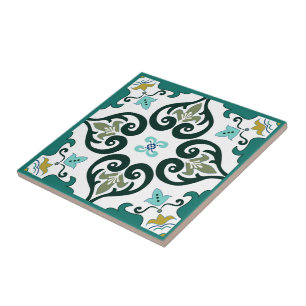 Green, mustard and white Azulejo Ceramic Tile
