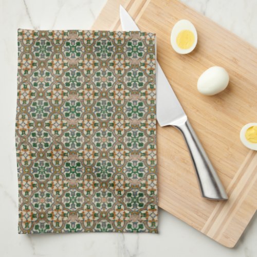 Green mustard floral Azulejos Geometric pattern Kitchen Towel