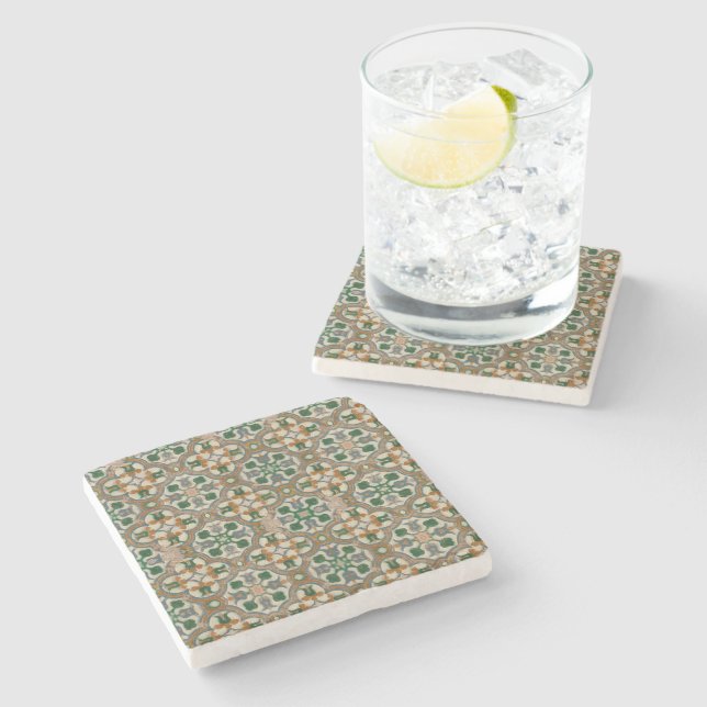 Green mustard floral Azulejos Geometric pattern Stone Coaster (Side)