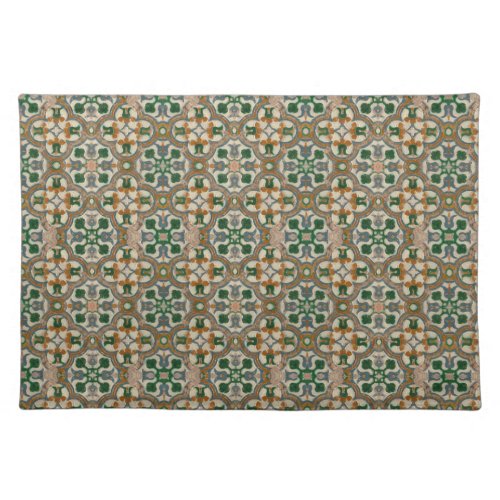 Green mustard Spanish floral Geometric Azulejos Cloth Placemat
