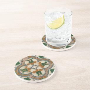 Green mustard Spanish floral Geometric Azulejos Coaster
