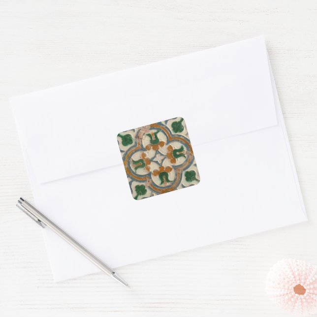 Green mustard Spanish floral Geometric Azulejos Square Sticker (Envelope)
