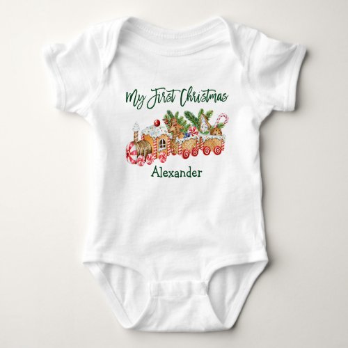 Green My First Christmas Gingerbread Train Baby Bodysuit