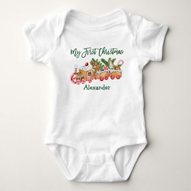 Green My First Christmas Gingerbread Train Baby Bodysuit (Front)