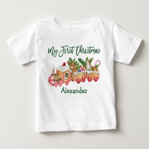 Green My First Christmas Gingerbread Train Baby T_Shirt