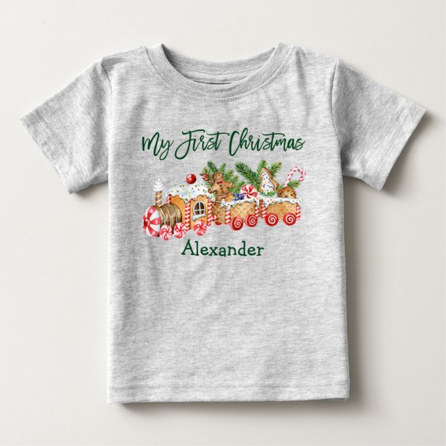 Green My First Christmas Gingerbread Train Gray Baby T-Shirt (Front)