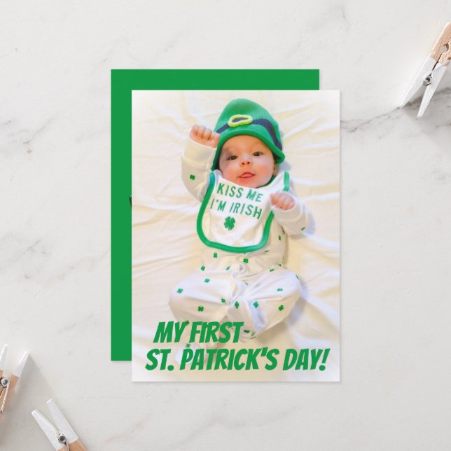 Green My First St. Patrick's Day Holiday Photo Card (Front/Back In Situ)