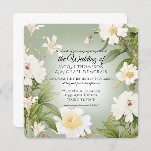 Green n White Rose Peony Botanical Floral Wedding Invitation
