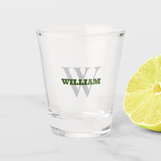 Green Name Superimposed Over Bold Initial Shot Glass (Front)