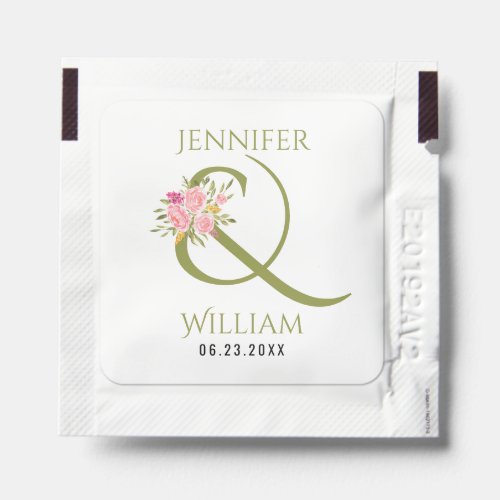 Green names ampersand and pink roses wedding hand sanitizer packet