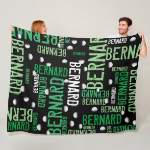Green Names and Golf Balls all over Black Fleece Blanket