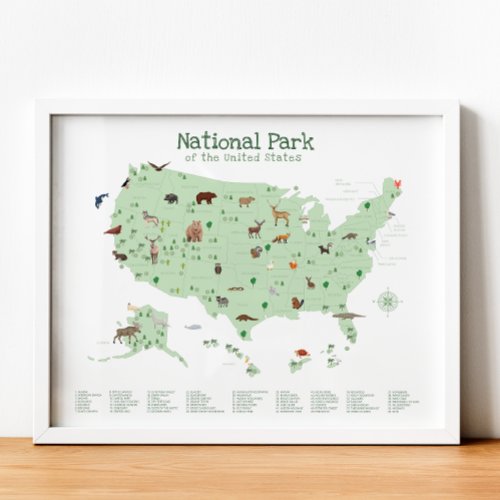 Green National Park Map Woodland Nursery Print