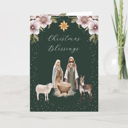 Green Nativity Christian Christmas Card