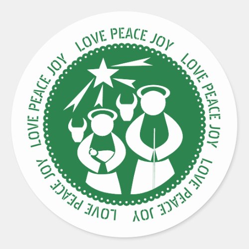 Green Nativity Scene Love Peace Joy Christmas Classic Round Sticker