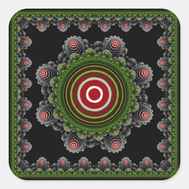 Green natural ornate brilliant fractal pattern square sticker (Front)