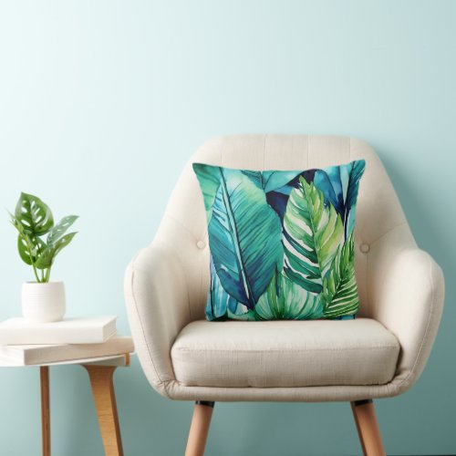 Green Nature Watercolor Pattern Throw Pillow 