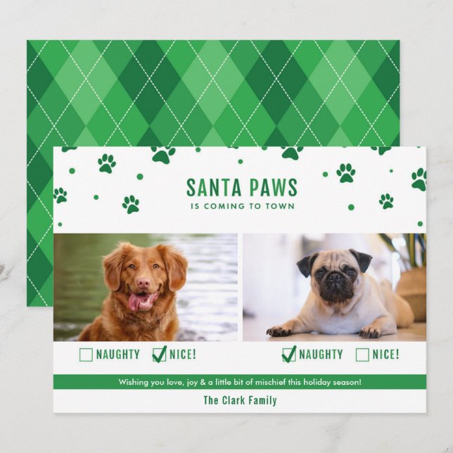 Green Naughty or Nice Two Dog Christmas Photo Card (Front/Back)