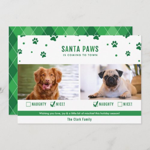 Green Naughty or Nice Two Dog Christmas Photo Card