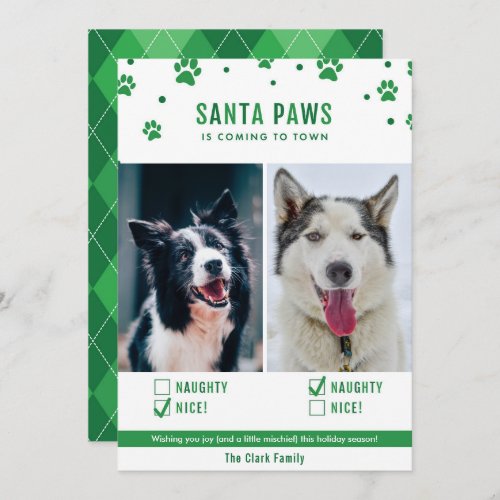 Green Naughty or Nice Two Dog Christmas Photo Card