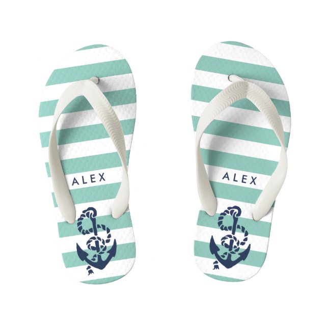 Green Nautical Anchor Boys Flip Flops (Footbed)