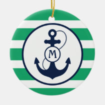 Green Nautical Anchor Monogram Ceramic Ornament