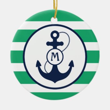 Green Nautical Anchor Monogram Ceramic Ornament by snowfinch at Zazzle