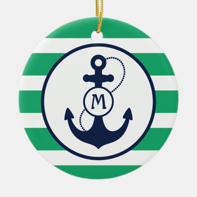 Green Nautical Anchor Monogram Ceramic Ornament (Front)