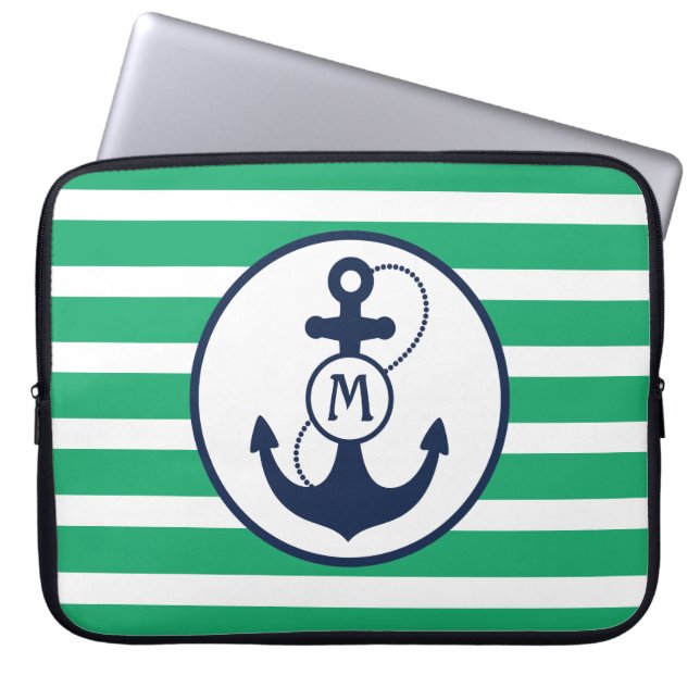 Green Nautical Anchor Monogram Laptop Sleeve (Front)