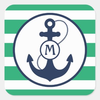 Green Nautical Anchor Monogram Square Sticker by snowfinch at Zazzle