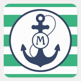 Green Nautical Anchor Monogram Square Sticker