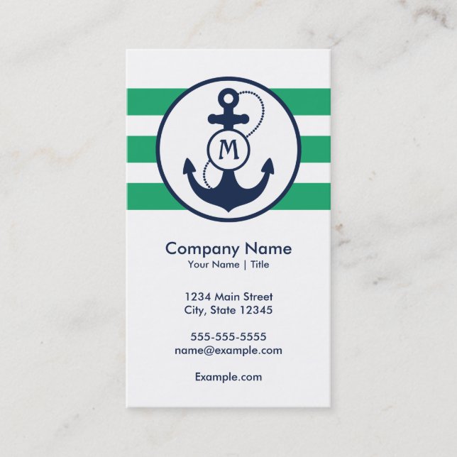 Green Nautical Anchor with Monogram Business Card (Front)