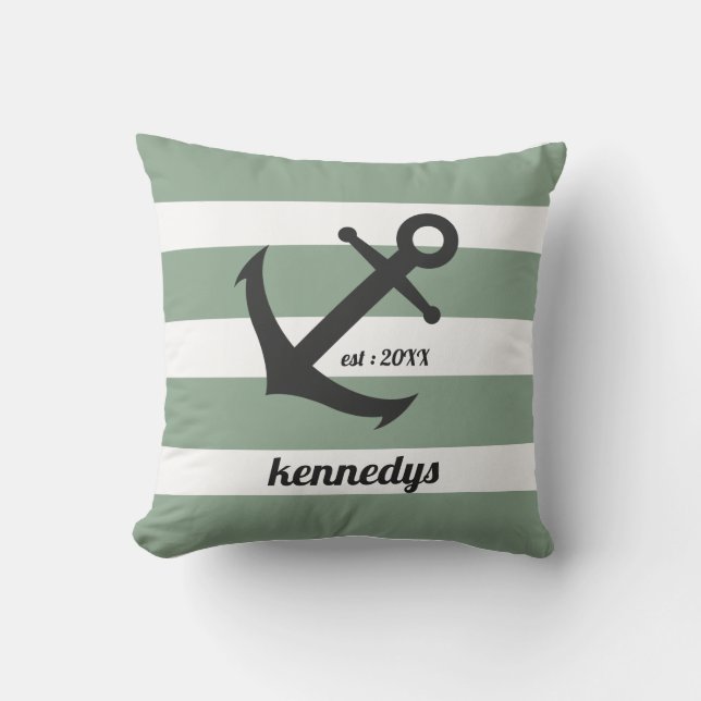 Green  Nautical Stripes Anchor Family Name    Outdoor Pillow (Front)