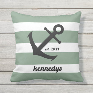 Green Nautical Stripes Anchor Family Name Outdoor Pillow