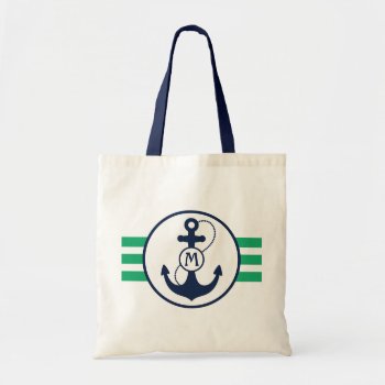 Green Nautical Stripes With Anchor Monogram Tote Bag by snowfinch at Zazzle
