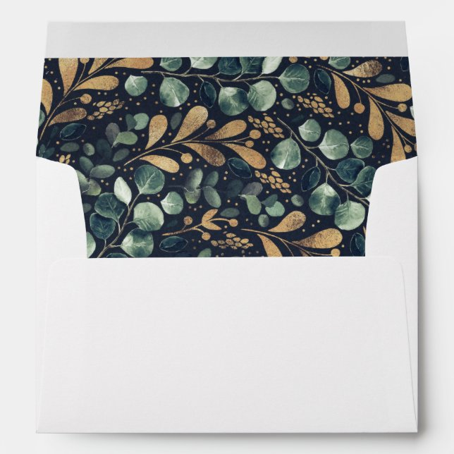 Green Navy and Gold Greenery Pattern Wedding Envelope (Back (Bottom))