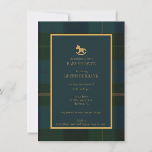 Green Navy and Gold Tartan Baby Shower Invitation